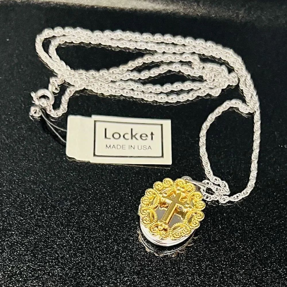 Vintage Prayer Wish Locket Silver Gold Cross Filigree Christian Made in USA